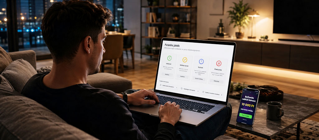 Felhasználó felelős játék opciókat néz laptopon, miközben telefonján befizetés nélküli kaszinó bónusz látható